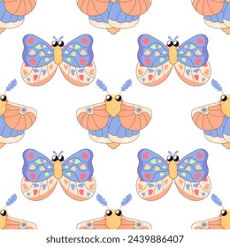 Seamless pattern, maple moth, butterfly. cartoon baby. on white background for fabric, wrapping paper