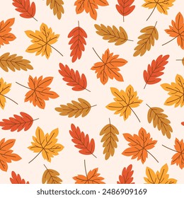 Seamless pattern with maple and oak autumn leaves. Ideal for wallpaper, gift paper, textiles, greeting cards. Vector.