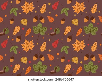 Seamless pattern with maple, oak leaves. Vector illustration of autumn leaf fall on a brown background, for print, backdrop, textile, wrapping paper