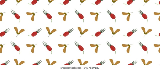 Seamless pattern with maple seeds and rosehip fruits on white background. Fall.  For fabric design, cover, packaging. Vector illustration 