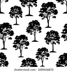 Seamless Pattern, Maple Tree, Black Silhouette Isolated on Tile White Background. Vector