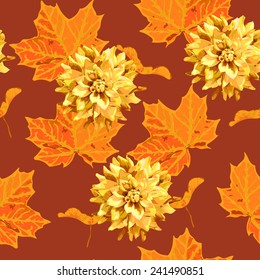 seamless pattern of maple tree leave and a seed and flower of dahlia