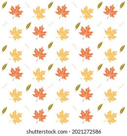 Nahtloses Muster mit Apfelblättern und Herbstblättern in Orange, Beige, Braun und Gelb. Perfekt für Tapete, Geschenkpapier, Musterfüllung, Webseitenhintergrund, Herbst-Grußkarten.