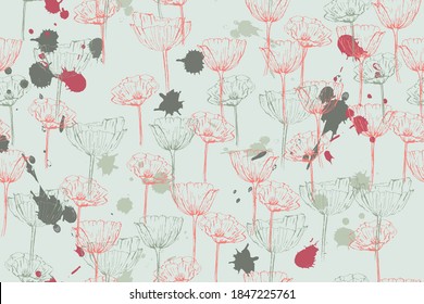 Nahtloses Muster mit Maquis. Handgezeichnet Texturen mit Blumen und Blumen in trendiger, moderner Skizze. Da ist eine Armbanduhr auf dem Schild. Elemente sind unter Maske, nicht zugeschnitten