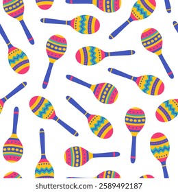 Seamless pattern with maracas on white background. Mexican traditional musical instrument. Latin music. Maraca for carnival, festival, party. Vector flat illustration for wallpaper, textile, packaging