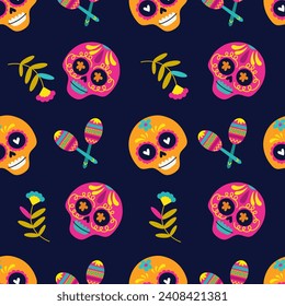 Seamless Pattern with  maracas and skull. Cinco de Mayo pattern repeating background. Vector illustration on a dark background.