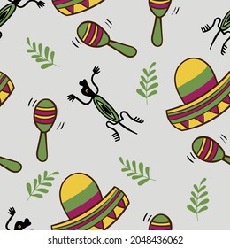Seamless Pattern of Maracas and Sombrero, and Lizard. Background in cartoon illustatration