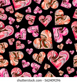 Seamless pattern with marble pink, red and orange hearts on black background. Vector illustration for your graphic design.