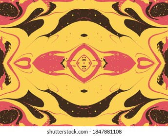 Seamless pattern with Marble stain shapes. Turkish Ebru or Suminagashi technique vector illustration drawn by hand paint. Marbling paint black, red and yellow swirl waves.