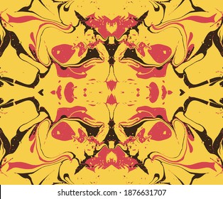 Seamless pattern with Marble stain shapes. Turkish Ebru or Suminagashi technique vector illustration drawn by hand paint. Marbling paint swirl waves.