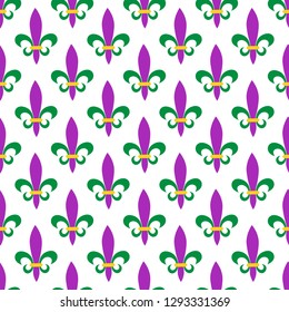 Seamless pattern for Mardi Gras. Fleur de lis. Green, purple, yellow background for celebrations. perfect for wallpaper, pattern fill, web page background, textile, holiday, greeting card