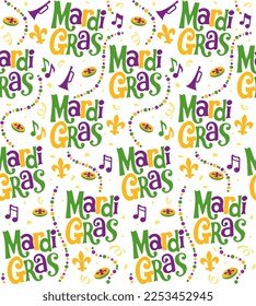 Seamless Pattern of Mardi Gras with Fleur de lis and Beads- Mardi Gras Background Vector Illustration