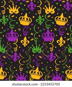 Seamless Pattern of Mardi Gras with Fleur de lis, Crowns, and beads- Mardi Gras Background Vector Illustration