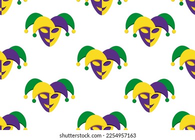 Seamless pattern with mardi gras mask on white background. Endless colorful carnival backdrop. Parsley and Harlequin Mask. 