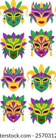 Seamless pattern with mardi gras masks in flat style on white background. Fat Tuesday textile. Vector Texture with colorful festive carnival masks for fabric and wallpaper