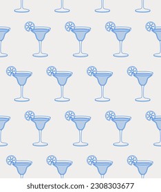 Seamless pattern of a margarita cocktail with a lime slice. Line art, retro. Vector illustration for bars, cafes, and restaurants.