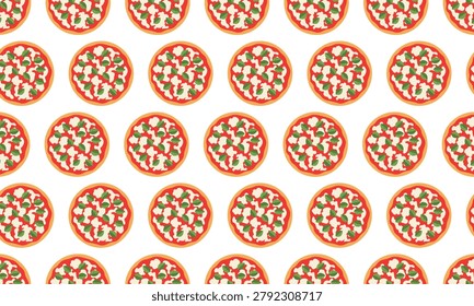 Seamless pattern of margherita pizza icons on a white background for food design