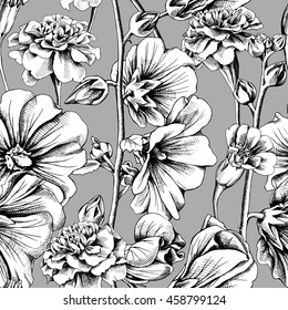 Seamless pattern with a Marigold and Mallow flowers. Vector black and white illustration.