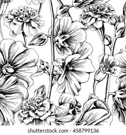 Seamless pattern with a Marigold and Mallow flowers. Vector black and white illustration.