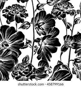 Seamless pattern with a Marigold and Mallow flowers. Vector black and white illustration.