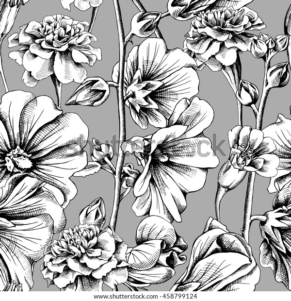 マリゴールドとマローの花を使ったシームレスな模様 白黒のベクター画像イラスト のベクター画像素材 ロイヤリティフリー 458799124