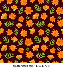 Seamless pattern with marigolds on dark background, Vector illustration in cartoon style.