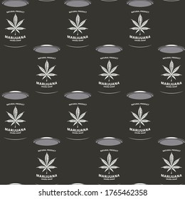 Nahtloses Muster mit Marihuana-Dosen auf schwarzem Hintergrund im Retro-Stil. Cannabis-Dosen, Rauchkraut. Vektorgrafik, geeignet für Tapete, Wickelpapier, Gewebe
