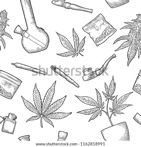 Seamless pattern with marijuana. Cigarettes, pipe, lighter, buds, leaves, bottle, glass jar, plastic bag, pipe for smoking cannabis. Vintage black vector engraving illustration isolated on white