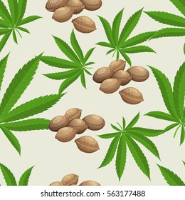 Seamless Pattern With Marijuana Hemp Leaves And Seeds. Vector Illustration.