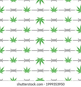 Patrón sin foco de hojas de marihuana y alambre de púas, sobre fondo blanco 