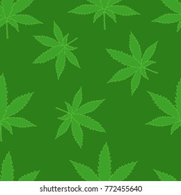 Seamless pattern of marijuana leaves on a green background