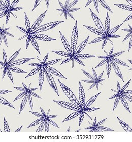 Seamless pattern marijuana leaves. Pen ball marijuana vector background. Sketch medicinal plant marjoram seamless texture. Hand drawn illustration for print, decoration, design, web, wrapping