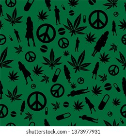 Seamless Pattern marijuana Medicine and human health shadow on green background.