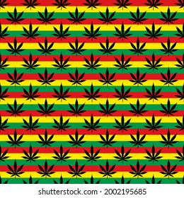 Patrón sin foco con seña de marihuana legalizado con el fondo de la bandera rastaman.