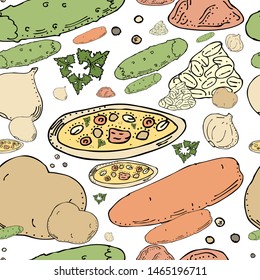 Seamless pattern. Marinated cucumber soup. 
