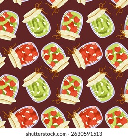 Seamless pattern of marinated vegetable in glass jars in cartoon style. Perfect for kitchen decor, food packaging, farm market design and autumn harvest product.