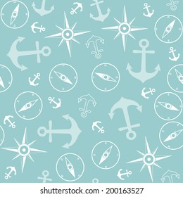 Seamless pattern with marine anchor and wind rose symbols