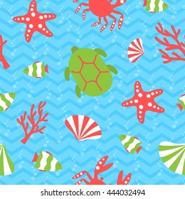 Seamless pattern with marine animals. Can be used for cards, posters, invitations, party decorations, packaging paper, gift wrapping, scrapbook, textile, web backgrounds and more.