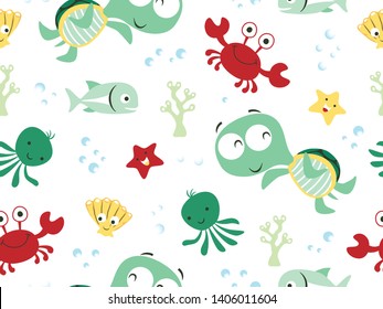 Seamless pattern of marine animals cartoon. Sea life element illustration