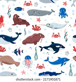 Seamless pattern with marine animals in cartoon childish style flat vector illustration on white background. Kids textile endless design with sea animals.