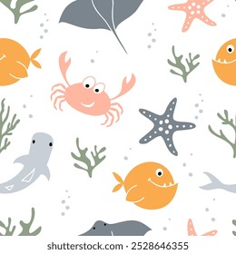 Padrão contínuo com animais marinhos e peixes. Um fundo vetorial desenhado à mão. Para cartões postais, convites, decoração têxtil, embalagem, papel de parede, mídias sociais, papel de embrulho, capa.