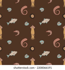 Seamless pattern with marine animals. Flat hand drawn vector illustration. For printing on menus, fish restaurants, packaging. Sea food.