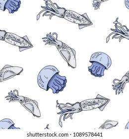 seamless pattern with marine animals, jellyfish, squid, cuttlefish, colorful, hand drawing sketches, vector illustration