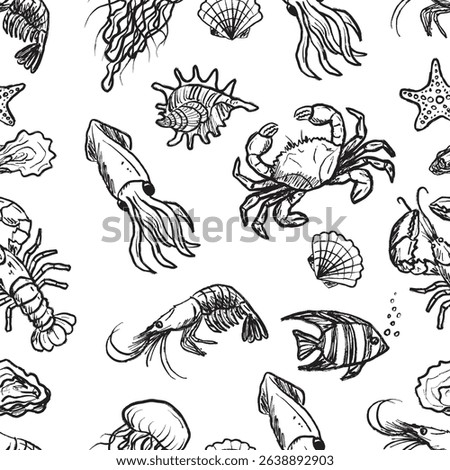 Seamless pattern with marine animals - lobster, jellyfish, shrimp, crab, squid, oyster in black brush stroke texture isolated on white. Hand drawn vector sketch illustration in vintage charcoal ink