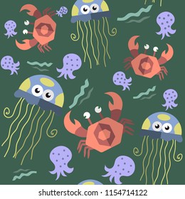 seamless pattern of marine animals on a green background