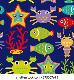Seamless pattern with marine animals on a dark blue background. vector