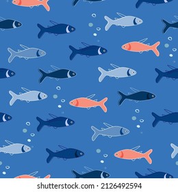 Seamless pattern with marine animals. Sea fish swim underwater. The concept of opposition, individuality, uniqueness. Vector graphics.