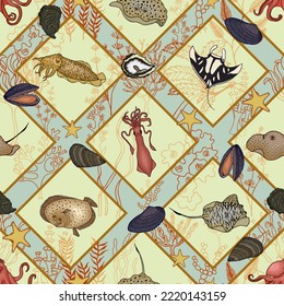 Seamless pattern of marine animals, squares. Vector stock illustration eps10.