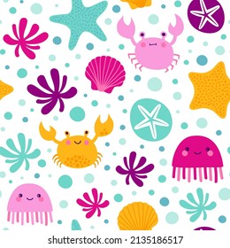 Seamless pattern with marine animals. Vector background with jellyfishes, crabs and sea stars.