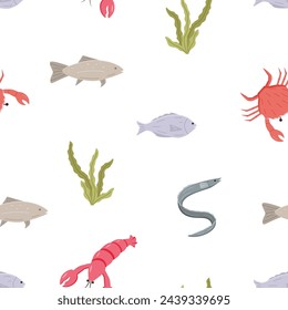 Seamless pattern of marine animals. Vector background of fish algae, eel, crab, lobster.